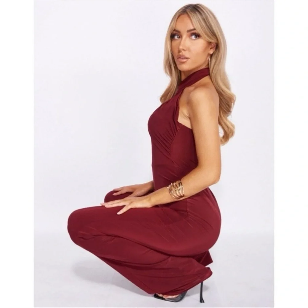 Burgundy Sleeveless Halter Neck Open Back Wide Leg Jumpsuit Playsuit - Picture 5 of 10